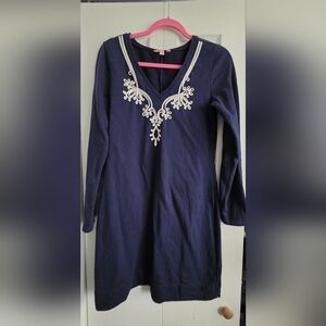 Lily Pulitzer Navy Blue Dress with Embroidered Detail & Gold Accent Buttons Sz M